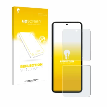 Parte frontal de un envase de producto con el logotipo de la marca upscreen. Al lado se muestra el dispositivo Samsung Galaxy 