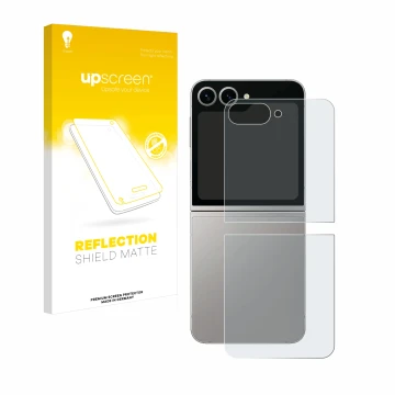 Parte frontal de un envase de producto con el logotipo de la marca upscreen. Al lado se muestra el dispositivo Samsung Galaxy 