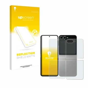 Parte frontal de un envase de producto con el logotipo de la marca upscreen. Al lado se muestra el dispositivo Samsung Galaxy 