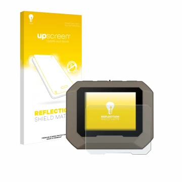 Parte frontal de un envase de producto con el logotipo de la marca upscreen. Al lado se muestra el dispositivo Garmin Xero C1 