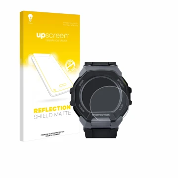 Parte frontal de un envase de producto con el logotipo de la marca upscreen. Al lado se muestra el dispositivo Casio G-Shock G