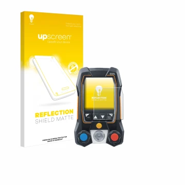 Parte frontal de un envase de producto con el logotipo de la marca upscreen. Al lado se muestra el dispositivo Testo 550s con 