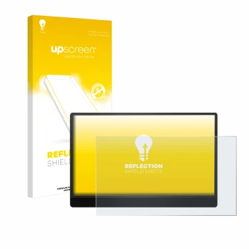 Parte frontal de un envase de producto con el logotipo de la marca upscreen. Al lado se muestra el dispositivo MSI Pro MP161 E