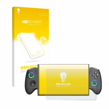 Parte frontal de un envase de producto con el logotipo de la marca upscreen. Al lado se muestra el dispositivo OneXPlayer X1 M