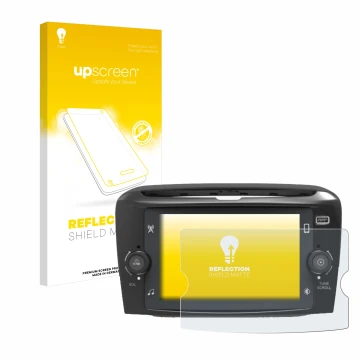 Parte frontal de un envase de producto con el logotipo de la marca upscreen. Al lado se muestra el dispositivo Lancia Ypsilon 