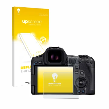 Parte frontal de un envase de producto con el logotipo de la marca upscreen. Al lado se muestra el dispositivo Canon EOS R5 Ma