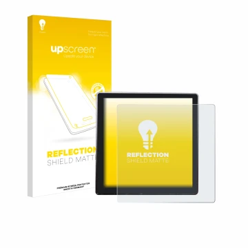 Parte frontal de un envase de producto con el logotipo de la marca upscreen. Al lado se muestra el dispositivo Shelly Wall Dis