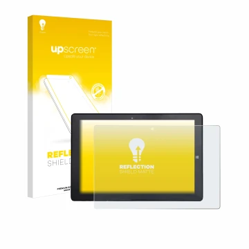 Parte frontal de un envase de producto con el logotipo de la marca upscreen. Al lado se muestra el dispositivo Awow AiBook 10 