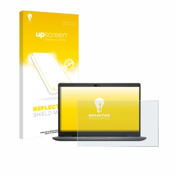 Parte frontal de un envase de producto con el logotipo de la marca upscreen. Al lado se muestra el dispositivo Dell Latitude 3