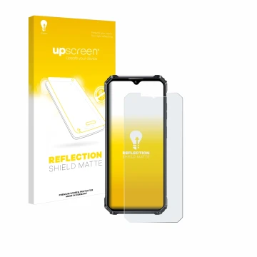 Parte frontal de un envase de producto con el logotipo de la marca upscreen. Al lado se muestra el dispositivo Oukitel WP28 S 
