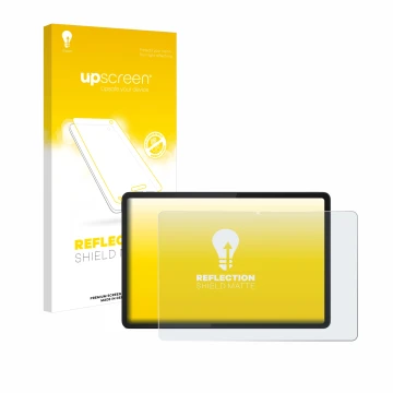 Parte frontal de un envase de producto con el logotipo de la marca upscreen. Al lado se muestra el dispositivo Lenovo Tab K11 