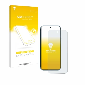 Parte frontal de un envase de producto con el logotipo de la marca upscreen. Al lado se muestra el dispositivo Google Pixel 9 