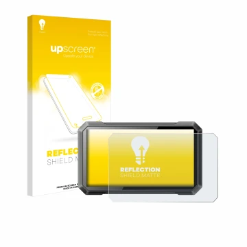 Parte frontal de un envase de producto con el logotipo de la marca upscreen. Al lado se muestra el dispositivo Ricoel Motorcyc