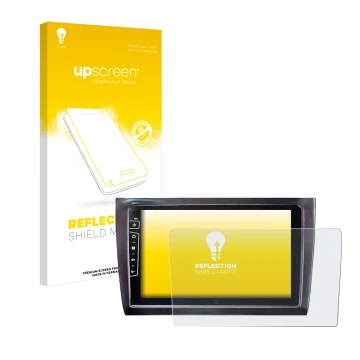 Parte frontal de un envase de producto con el logotipo de la marca upscreen. Al lado se muestra el dispositivo Dynavin D9-DF56