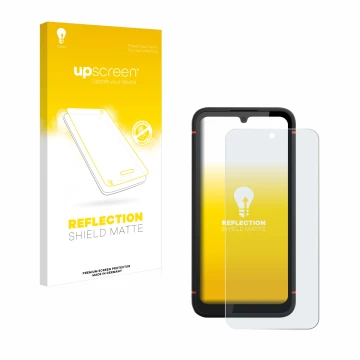 Parte frontal de un envase de producto con el logotipo de la marca upscreen. Al lado se muestra el dispositivo Gigaset GX4 Pro