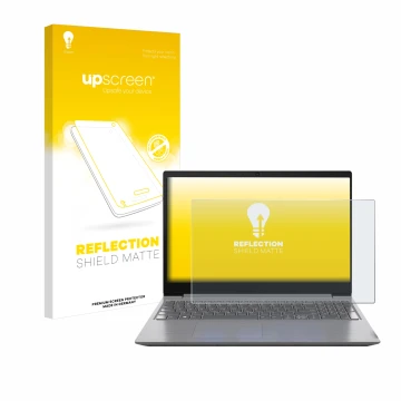 Parte frontal de un envase de producto con el logotipo de la marca upscreen. Al lado se muestra el dispositivo Lenovo 15.6