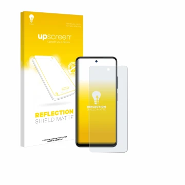 Parte frontal de un envase de producto con el logotipo de la marca upscreen. Al lado se muestra el dispositivo ZTE Blade A75 5