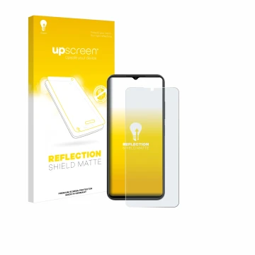 Parte frontal de un envase de producto con el logotipo de la marca upscreen. Al lado se muestra el dispositivo ZTE Blade A54 c