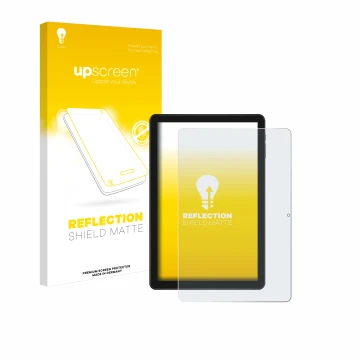 Parte frontal de un envase de producto con el logotipo de la marca upscreen. Al lado se muestra el dispositivo Doogee T10W con