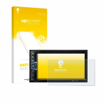 Parte frontal de un envase de producto con el logotipo de la marca upscreen. Al lado se muestra el dispositivo Alpine INE-W611