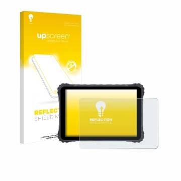 Parte frontal de un envase de producto con el logotipo de la marca upscreen. Al lado se muestra el dispositivo Topicon MDT865 