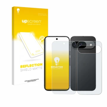 Parte frontal de un envase de producto con el logotipo de la marca upscreen. Al lado se muestra el dispositivo Google Pixel 9 