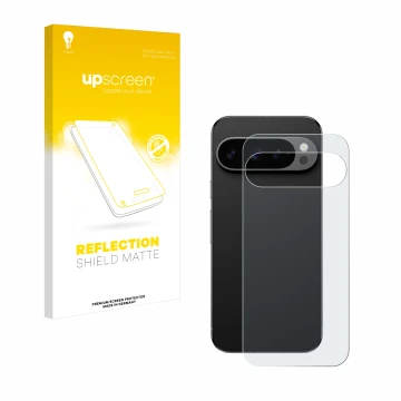 Parte frontal de un envase de producto con el logotipo de la marca upscreen. Al lado se muestra el dispositivo Google Pixel 9 