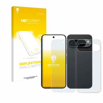 Parte frontal de un envase de producto con el logotipo de la marca upscreen. Al lado se muestra el dispositivo Google Pixel 9 