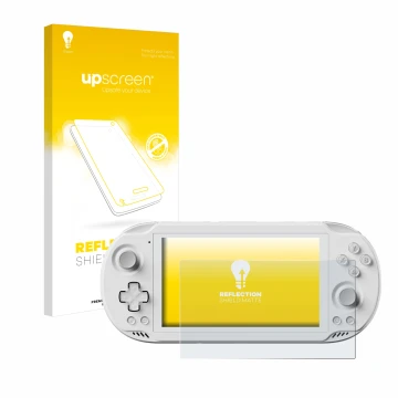 Parte frontal de un envase de producto con el logotipo de la marca upscreen. Al lado se muestra el dispositivo AYN Odin 2 Mini