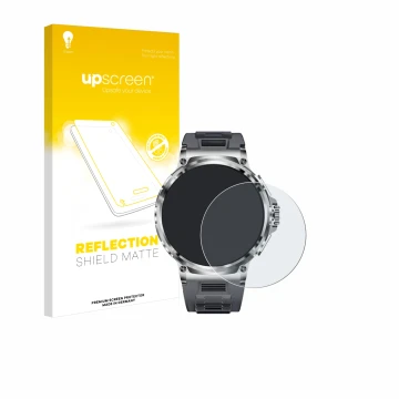 Parte frontal de un envase de producto con el logotipo de la marca upscreen. Al lado se muestra el dispositivo Smartwatch V69 