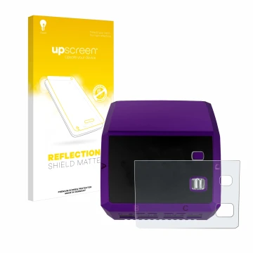 Parte frontal de un envase de producto con el logotipo de la marca upscreen. Al lado se muestra el dispositivo SkyRc Q200 neo 