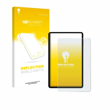 Parte frontal de un envase de producto con el logotipo de la marca upscreen. Al lado se muestra el dispositivo Blackview Tab 1