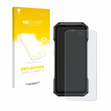 Parte frontal de un envase de producto con el logotipo de la marca upscreen. Al lado se muestra el dispositivo Ulefone Armor 2