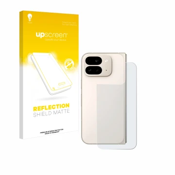 Parte frontal de un envase de producto con el logotipo de la marca upscreen. Al lado se muestra el dispositivo Google Pixel 9 