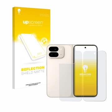 Parte frontal de un envase de producto con el logotipo de la marca upscreen. Al lado se muestra el dispositivo Google Pixel 9 