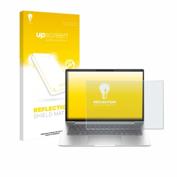 Parte frontal de un envase de producto con el logotipo de la marca upscreen. Al lado se muestra el dispositivo HP ProBook 440 