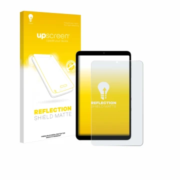 Parte frontal de un envase de producto con el logotipo de la marca upscreen. Al lado se muestra el dispositivo Alldocube iPlay