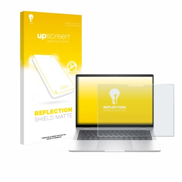 Parte frontal de un envase de producto con el logotipo de la marca upscreen. Al lado se muestra el dispositivo HP EliteBook x3