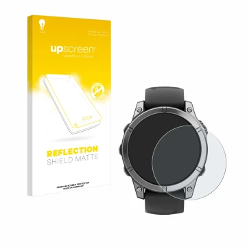 Parte frontal de un envase de producto con el logotipo de la marca upscreen. Al lado se muestra el dispositivo Garmin Fenix E 