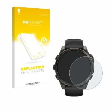 Parte frontal de un envase de producto con el logotipo de la marca upscreen. Al lado se muestra el dispositivo Garmin Fenix 8 