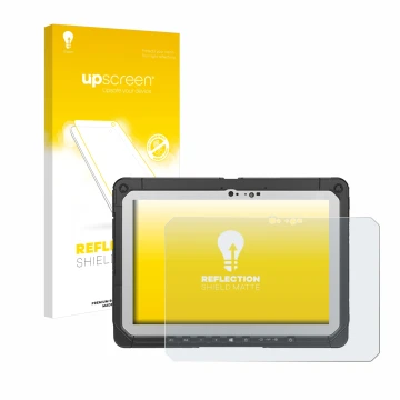 Parte frontal de un envase de producto con el logotipo de la marca upscreen. Al lado se muestra el dispositivo Panasonic Tough