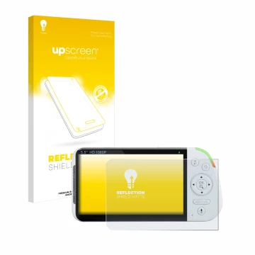 Parte frontal de un envase de producto con el logotipo de la marca upscreen. Al lado se muestra el dispositivo Babysense MaxVi