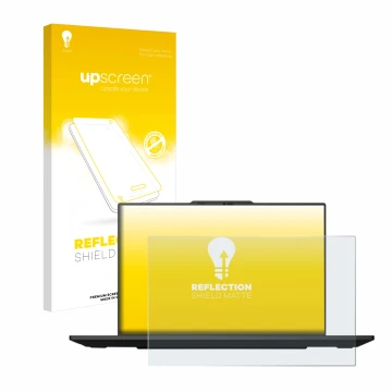 Parte frontal de un envase de producto con el logotipo de la marca upscreen. Al lado se muestra el dispositivo Lenovo ThinkPad