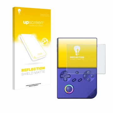 Parte frontal de un envase de producto con el logotipo de la marca upscreen. Al lado se muestra el dispositivo Anbernic RG40XX