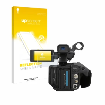 Parte frontal de un envase de producto con el logotipo de la marca upscreen. Al lado se muestra el dispositivo Sony PXW-Z200 c