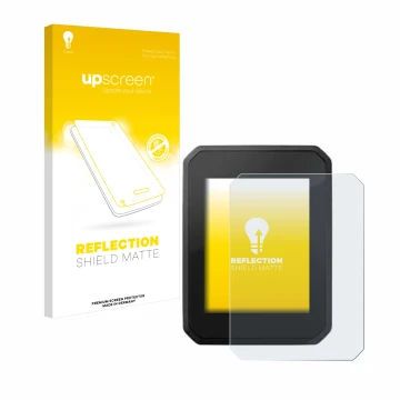 Parte frontal de un envase de producto con el logotipo de la marca upscreen. Al lado se muestra el dispositivo FIT Display Com