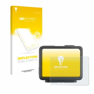 Parte frontal de un envase de producto con el logotipo de la marca upscreen. Al lado se muestra el dispositivo GoPro Hero 4k c