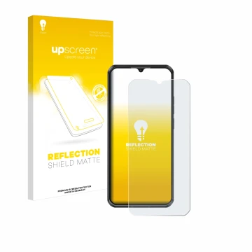 Parte frontal de un envase de producto con el logotipo de la marca upscreen. Al lado se muestra el dispositivo Oukitel WP50 co