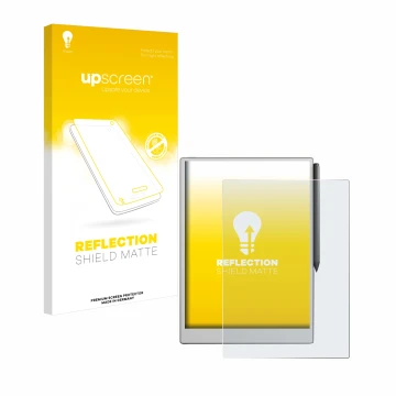 Parte frontal de un envase de producto con el logotipo de la marca upscreen. Al lado se muestra el dispositivo reMarkable Pape