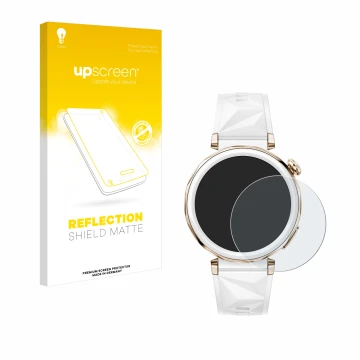 Parte frontal de un envase de producto con el logotipo de la marca upscreen. Al lado se muestra el dispositivo Huawei Watch GT